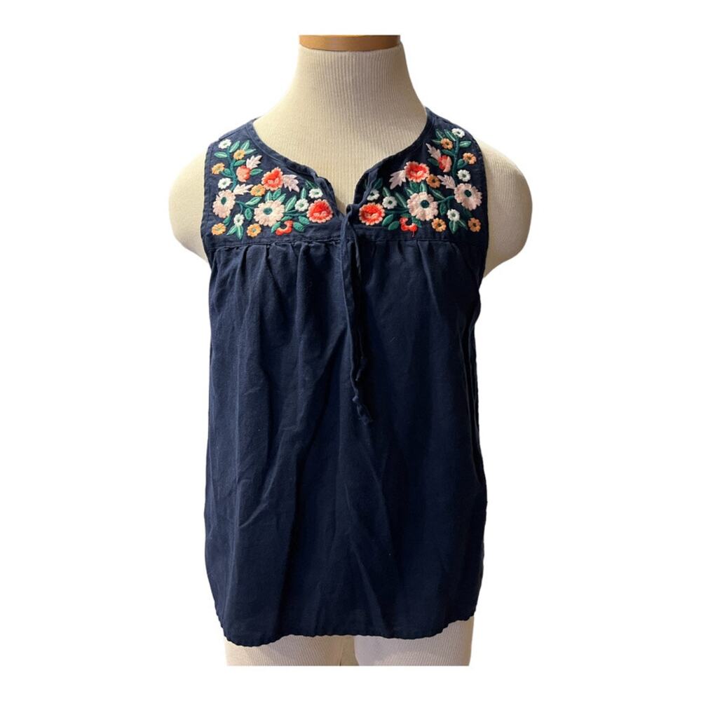 J. Crew Linen Blend Sleeveless Embroidered Floral Top Boho Size XS Blue Pink Tie
